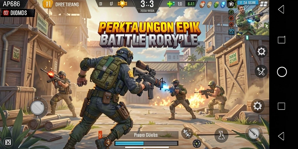 Tangkapan layar AP686 menampilkan aksi pertarungan Battle Royale yang intens dan mendebarkan.