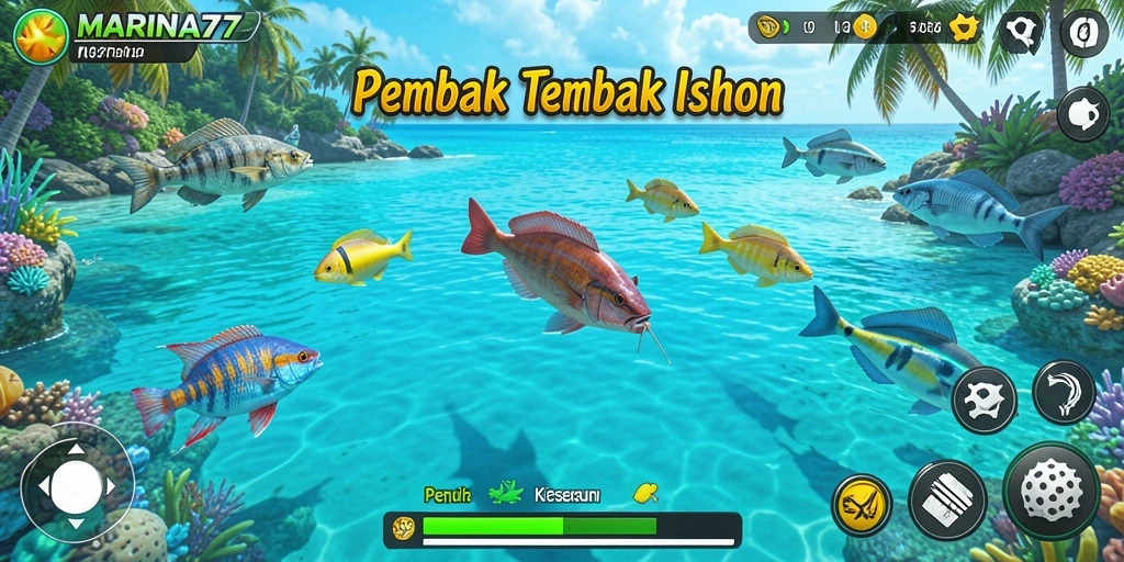 Screenshot gameplay MARINA77 menampilkan aksi menangkap ikan yang menegangkan.