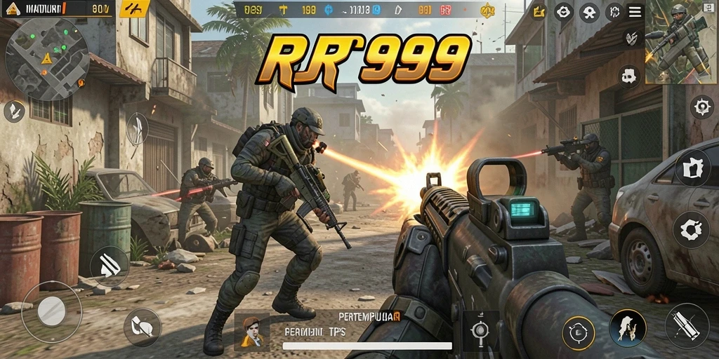 Screenshot gameplay RR999 menampilkan aksi pertempuran seru dan karakter yang dinamis.
